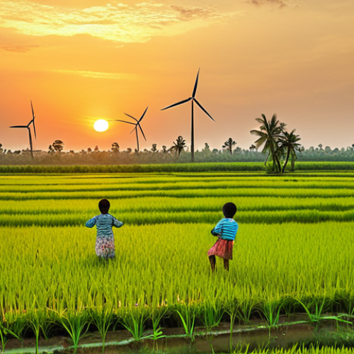 Home 15 A vibrant rice paddy field at sunset, with children playing and flying kites. In the background, modern wind turbines generate clean energy, illustrating a blend of traditional life and sustainable practices. The scene emphasizes the importance of preserving natural beauty while embracing eco-friendly solutions.