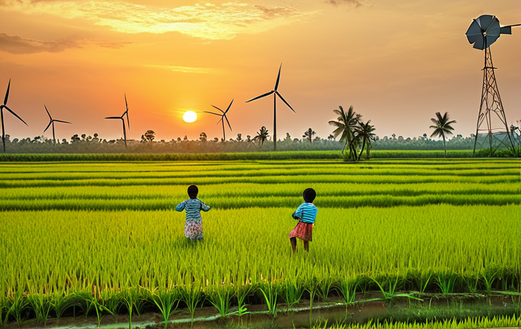 A vibrant rice paddy field at sunset, with children playing and flying kites. In the background, modern wind turbines generate clean energy, illustrating a blend of traditional life and sustainable practices. The scene emphasizes the importance of preserving natural beauty while embracing eco-friendly solutions.