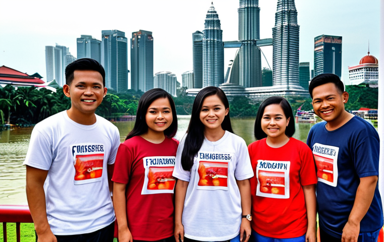 **A diverse group of Malaysian individuals actively participating in community service, reflecting core values like justice and integrity, with a background showcasing iconic Malaysian landmarks to emphasize a positive impact on local society.**