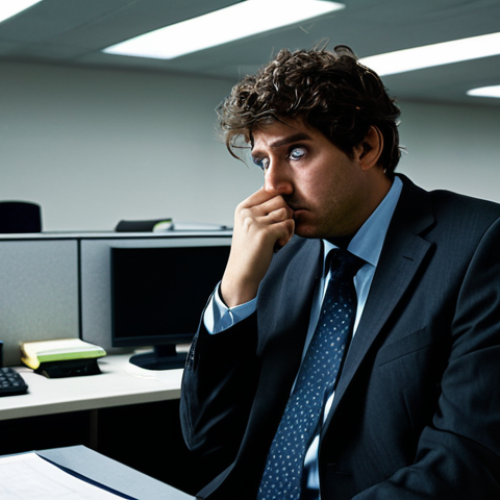 Home 7 A professional individual, fully clothed in a modest, slightly dishevelled business suit, sitting at an overflowing desk in a dimly lit, monotonous office cubicle. The person's expression conveys exhaustion, a sense of being overwhelmed, and a lack of motivation, looking blankly at a computer screen. The background shows repetitive rows of cubicles, emphasizing a feeling of being lost in a system without purpose. The scene is safe for work, appropriate content, with professional dress, perfect anatomy, correct proportions, natural pose, well-formed hands, proper finger count, and natural body proportions, high quality professional photography.