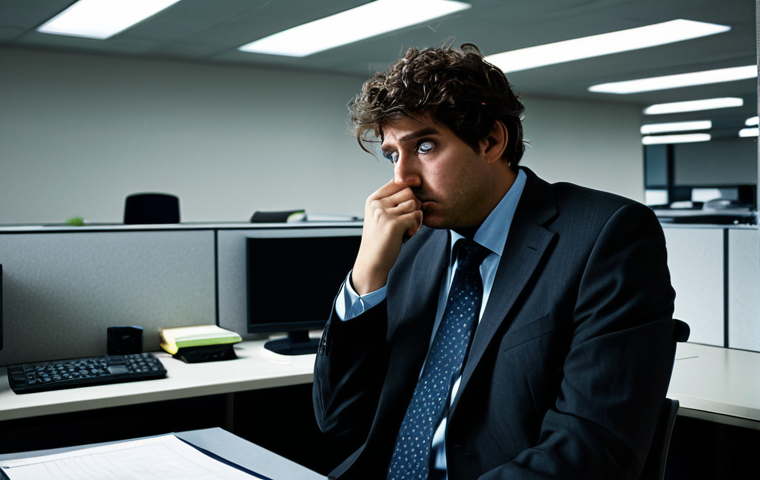A professional individual, fully clothed in a modest, slightly dishevelled business suit, sitting at an overflowing desk in a dimly lit, monotonous office cubicle. The person's expression conveys exhaustion, a sense of being overwhelmed, and a lack of motivation, looking blankly at a computer screen. The background shows repetitive rows of cubicles, emphasizing a feeling of being lost in a system without purpose. The scene is safe for work, appropriate content, with professional dress, perfect anatomy, correct proportions, natural pose, well-formed hands, proper finger count, and natural body proportions, high quality professional photography.